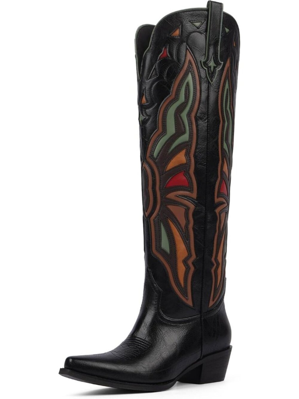 Women's Chocolate Knee High Cowgirl Boots Chunky Heel Pointed Toe Wide Calf Boot
